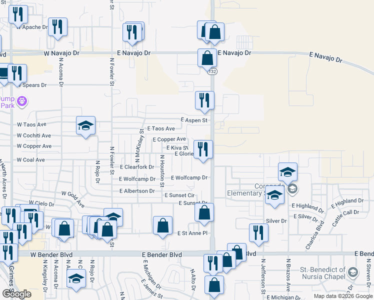 map of restaurants, bars, coffee shops, grocery stores, and more near 613 East Kiva Street in Hobbs