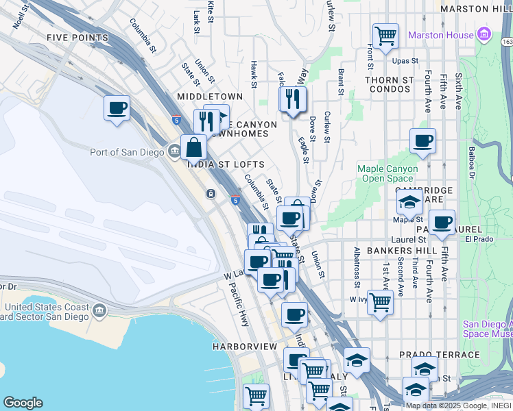 map of restaurants, bars, coffee shops, grocery stores, and more near 1125 West Olive Street in San Diego