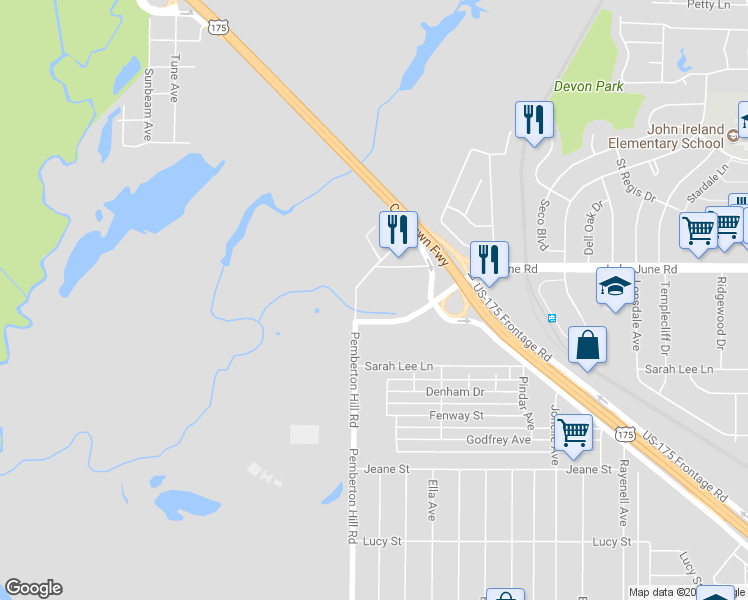 map of restaurants, bars, coffee shops, grocery stores, and more near 1216 Pemberton Hill Road in Dallas