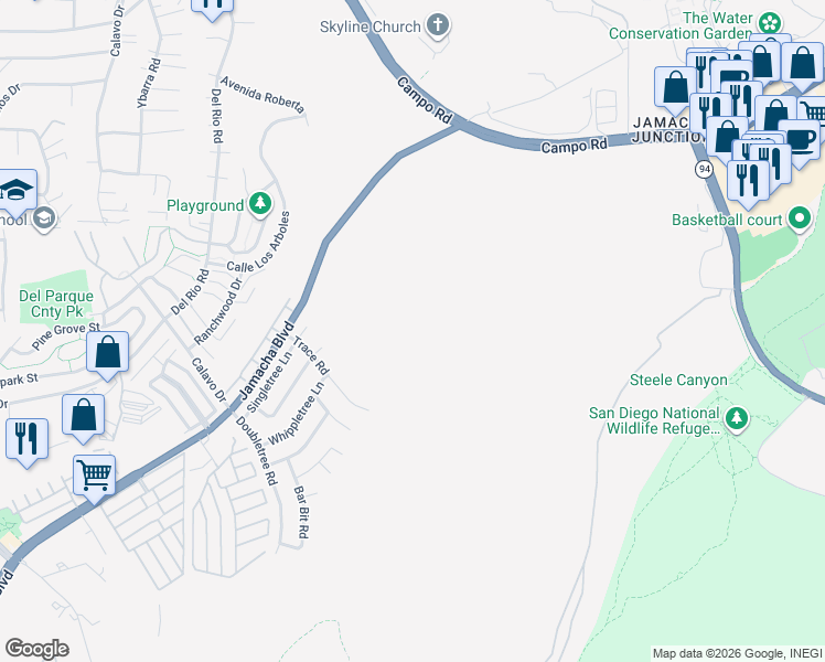 map of restaurants, bars, coffee shops, grocery stores, and more near 11300 Jamacha Boulevard in Spring Valley