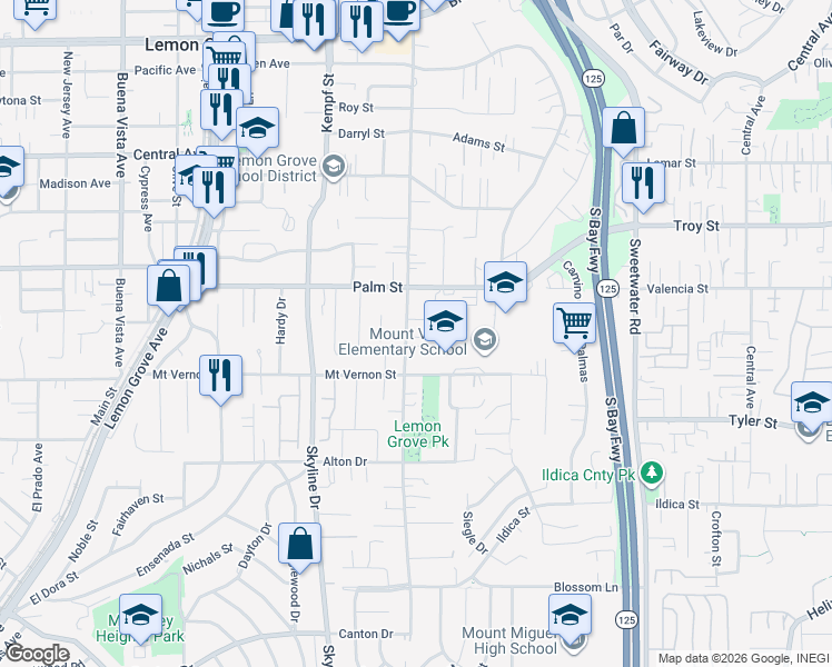 map of restaurants, bars, coffee shops, grocery stores, and more near 2537 Washington Street in Lemon Grove