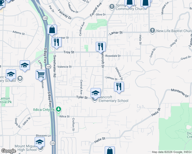 map of restaurants, bars, coffee shops, grocery stores, and more near 8941 Arlingdale Way in Spring Valley