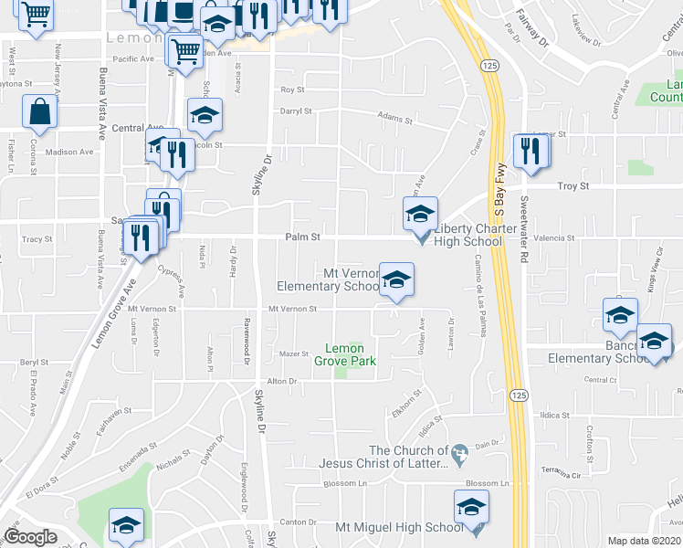 map of restaurants, bars, coffee shops, grocery stores, and more near 2537 Washington Street in Lemon Grove