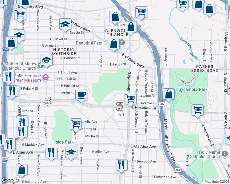 map of restaurants, bars, coffee shops, grocery stores, and more near 1401 Avenue D in Fort Worth