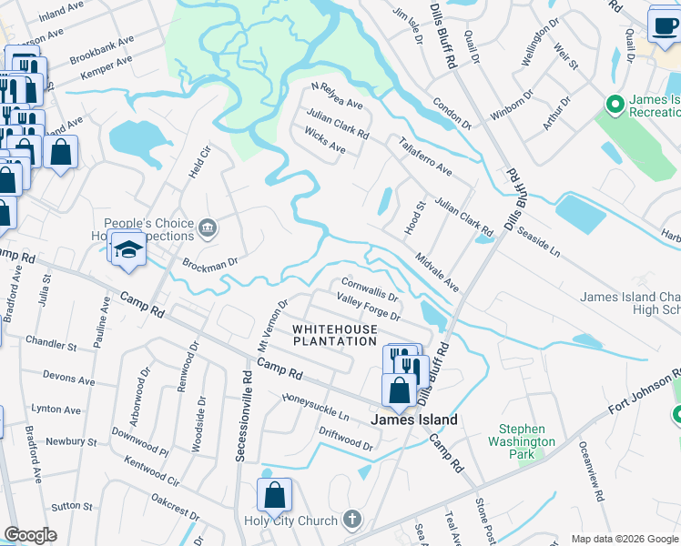 map of restaurants, bars, coffee shops, grocery stores, and more near 1272 Cornwallis Drive in Charleston