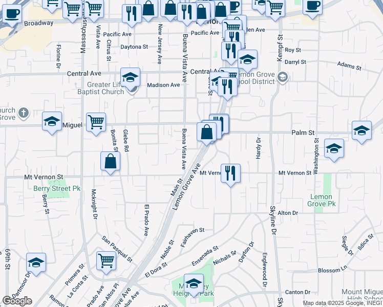 map of restaurants, bars, coffee shops, grocery stores, and more near 2514 Buena Vista Avenue in Lemon Grove