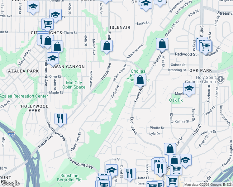 map of restaurants, bars, coffee shops, grocery stores, and more near 4752 Nutmeg Street in San Diego