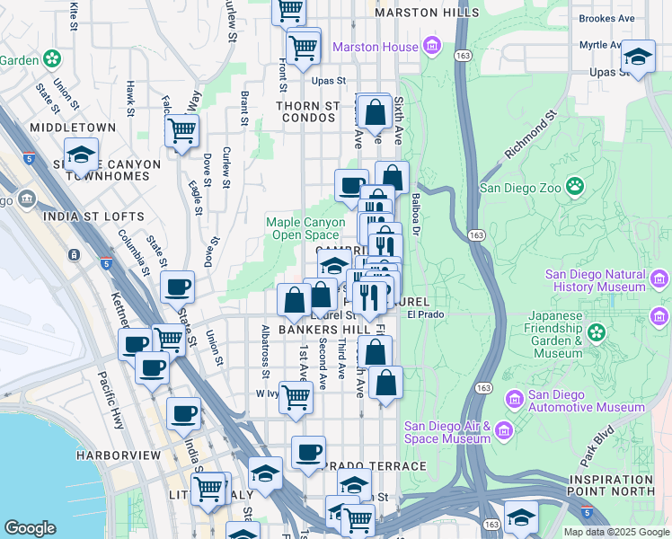 map of restaurants, bars, coffee shops, grocery stores, and more near 2707 Third Avenue in San Diego