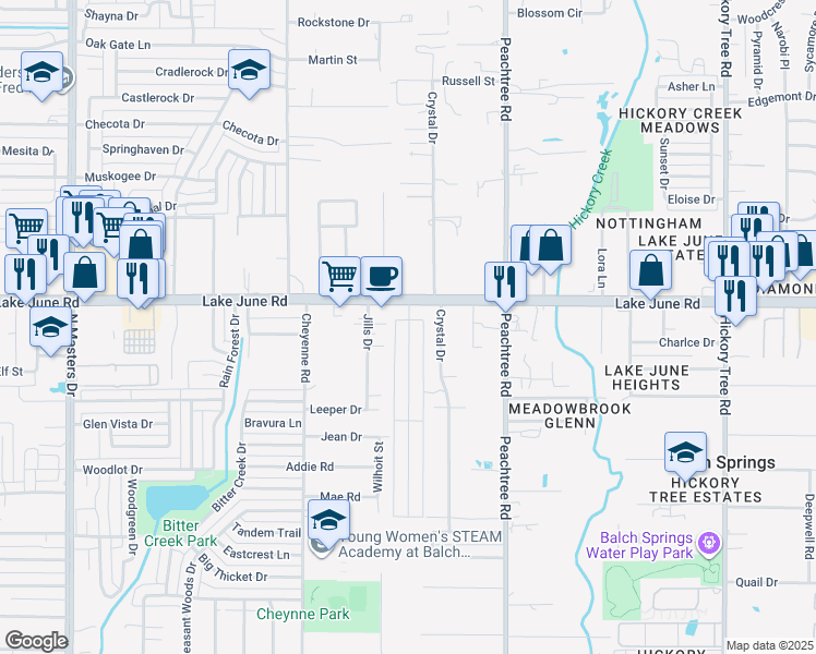 map of restaurants, bars, coffee shops, grocery stores, and more near 2618 Cottonwood Lane in Balch Springs