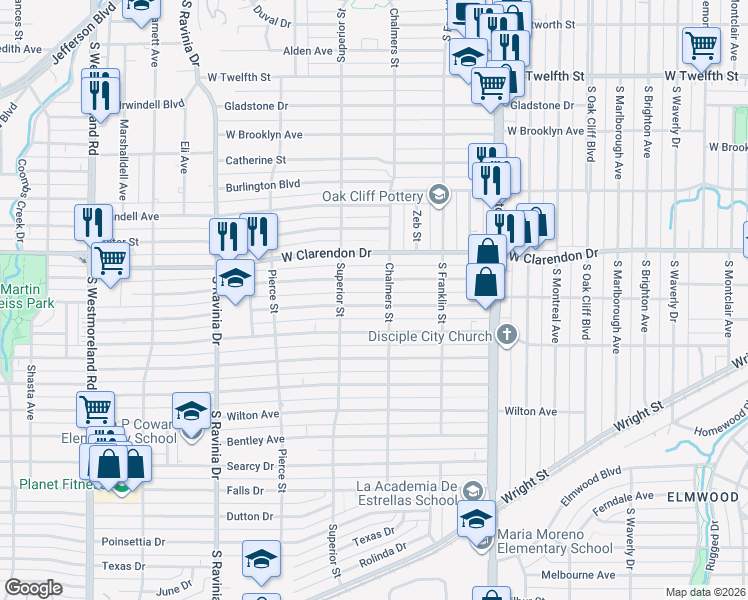 map of restaurants, bars, coffee shops, grocery stores, and more near 2623 Emmett Street in Dallas