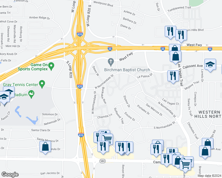 map of restaurants, bars, coffee shops, grocery stores, and more near 2968 Meadowglen Circle in Fort Worth