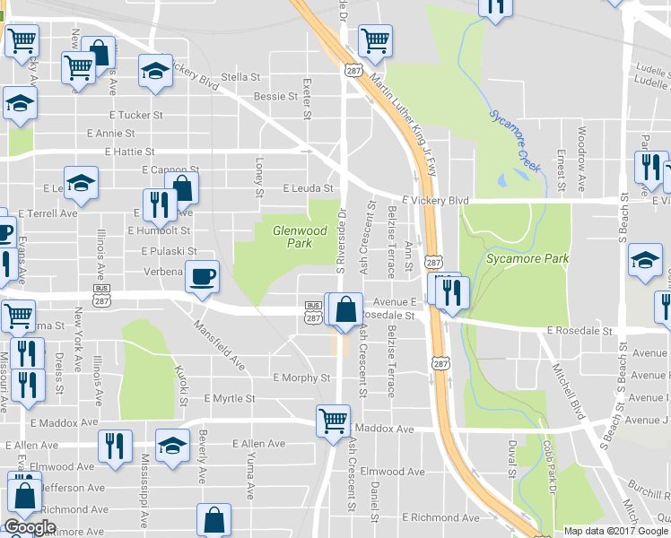 map of restaurants, bars, coffee shops, grocery stores, and more near 1016 South Riverside Drive in Fort Worth