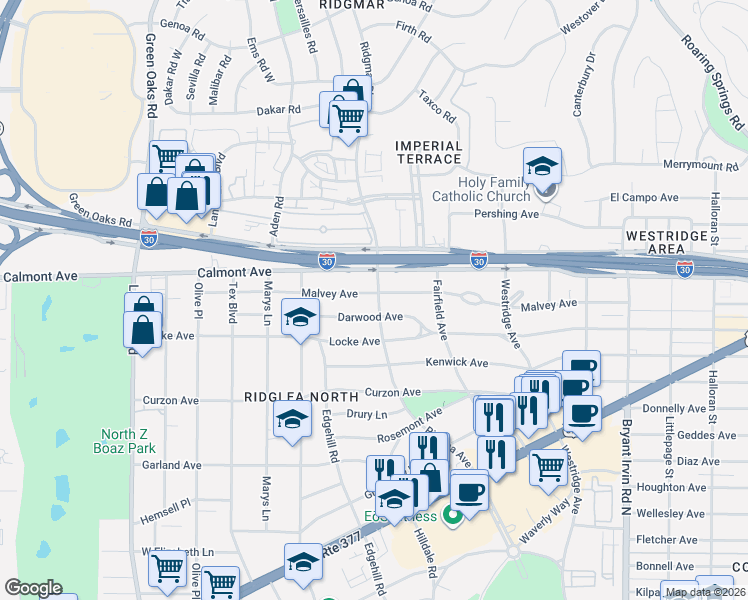 map of restaurants, bars, coffee shops, grocery stores, and more near 6416 Darwood Avenue in Fort Worth