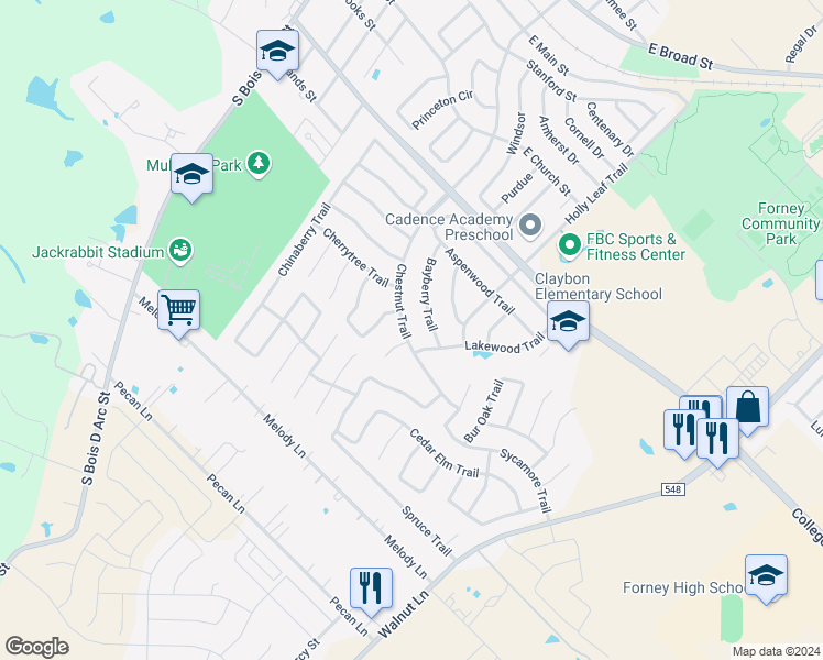 map of restaurants, bars, coffee shops, grocery stores, and more near 541 Chestnut Trail in Forney