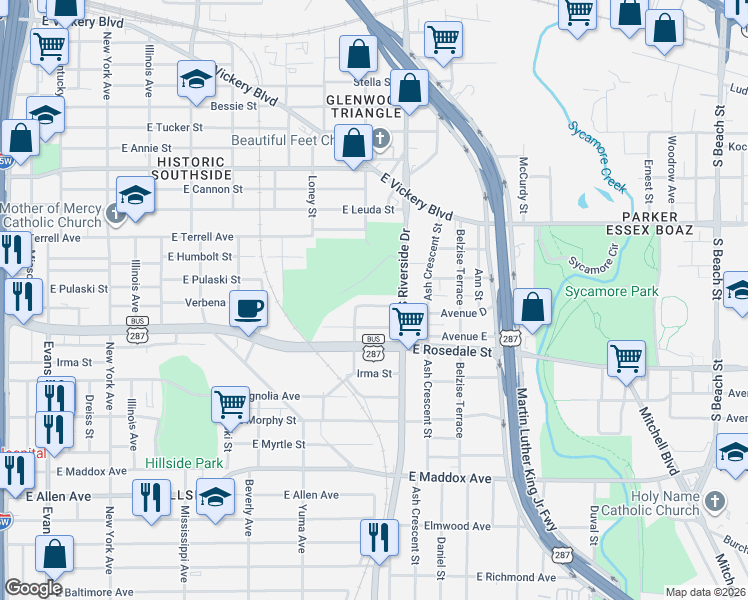 map of restaurants, bars, coffee shops, grocery stores, and more near 1401 Avenue D in Fort Worth