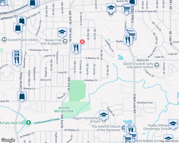 map of restaurants, bars, coffee shops, grocery stores, and more near 1013 Southeast 3rd Street in Grand Prairie