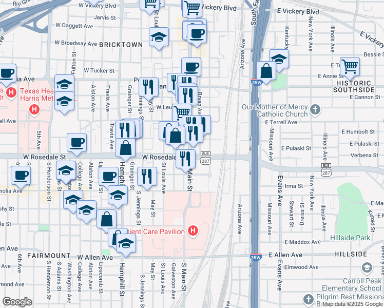 map of restaurants, bars, coffee shops, grocery stores, and more near 1085 South Main Street in Fort Worth