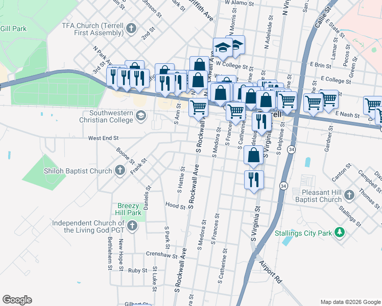 map of restaurants, bars, coffee shops, grocery stores, and more near 605 South Hattie Street in Terrell