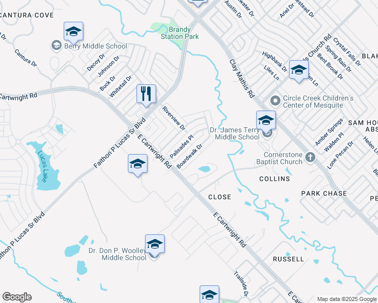 map of restaurants, bars, coffee shops, grocery stores, and more near 2601 Boardwalk Drive in Mesquite