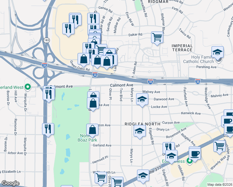 map of restaurants, bars, coffee shops, grocery stores, and more near 6609 Malvey Avenue in Fort Worth