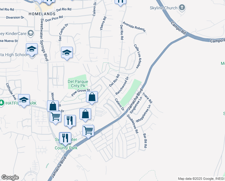 map of restaurants, bars, coffee shops, grocery stores, and more near 3041 Brookpine Court in Spring Valley