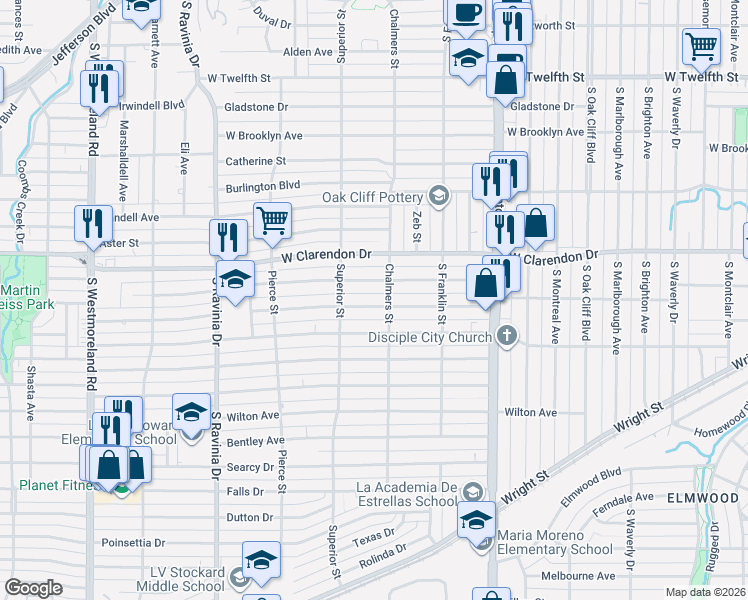 map of restaurants, bars, coffee shops, grocery stores, and more near 2623 Emmett Street in Dallas