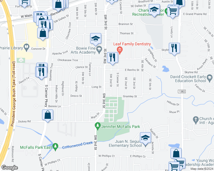 map of restaurants, bars, coffee shops, grocery stores, and more near 1005 Southwest 3rd Street in Grand Prairie
