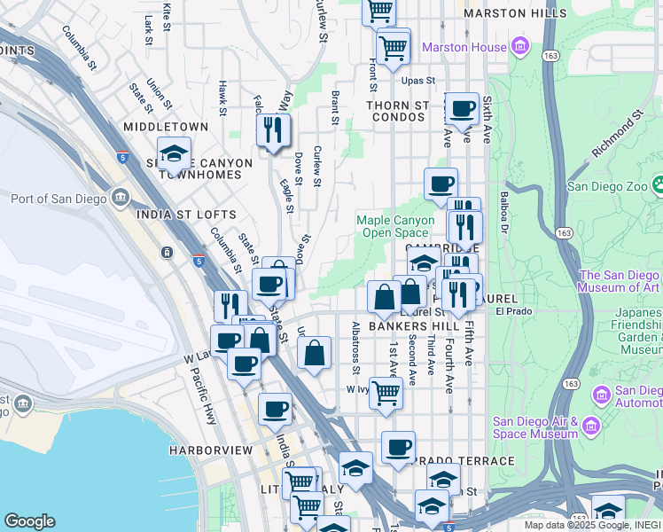 map of restaurants, bars, coffee shops, grocery stores, and more near 405 West Nutmeg Street in San Diego
