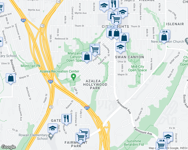 map of restaurants, bars, coffee shops, grocery stores, and more near 2543 Tuberose Street in San Diego