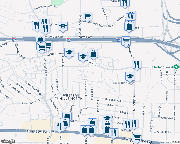 map of restaurants, bars, coffee shops, grocery stores, and more near 2928 Phoenix Drive in Fort Worth