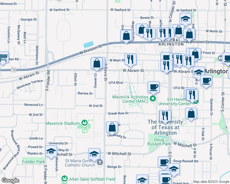 map of restaurants, bars, coffee shops, grocery stores, and more near 412 Summit Avenue in Arlington
