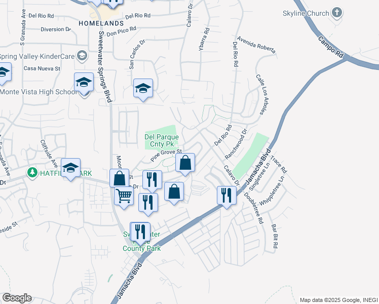 map of restaurants, bars, coffee shops, grocery stores, and more near 10515 Pine Grove Street in Spring Valley