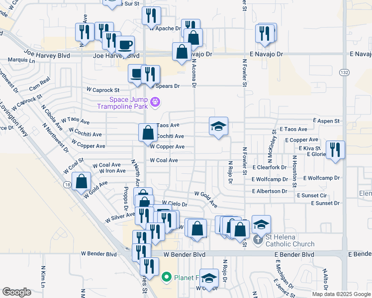 map of restaurants, bars, coffee shops, grocery stores, and more near 421 W Copper Ave in Hobbs