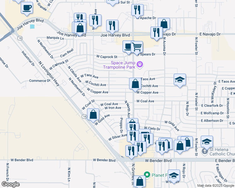 map of restaurants, bars, coffee shops, grocery stores, and more near 1008 West Coal Avenue in Hobbs