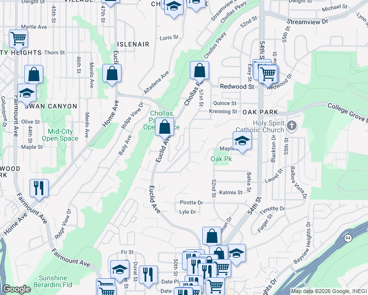 map of restaurants, bars, coffee shops, grocery stores, and more near 5233 Caminito Cachorro in San Diego
