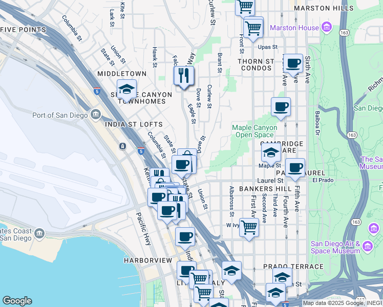 map of restaurants, bars, coffee shops, grocery stores, and more near 2687 Reynard Way in San Diego