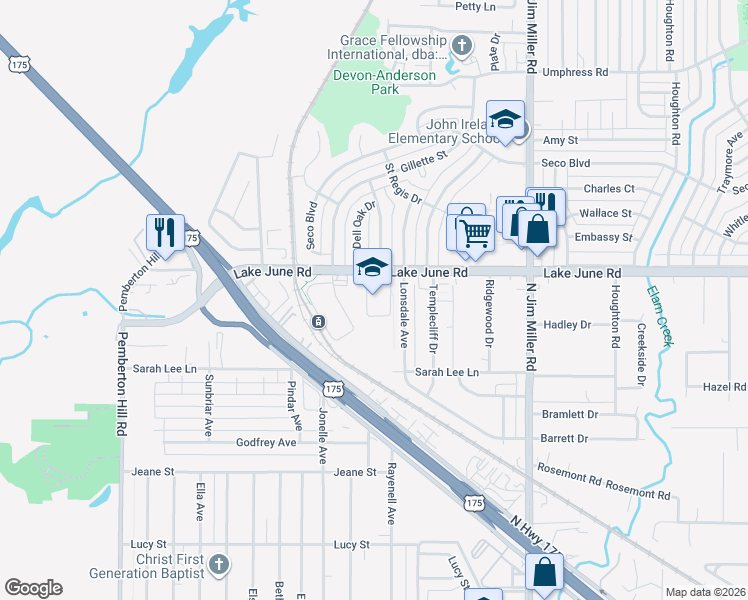map of restaurants, bars, coffee shops, grocery stores, and more near 6610 Lake June Road in Dallas