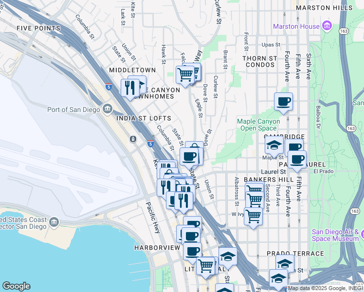 map of restaurants, bars, coffee shops, grocery stores, and more near 2715 Columbia Street in San Diego