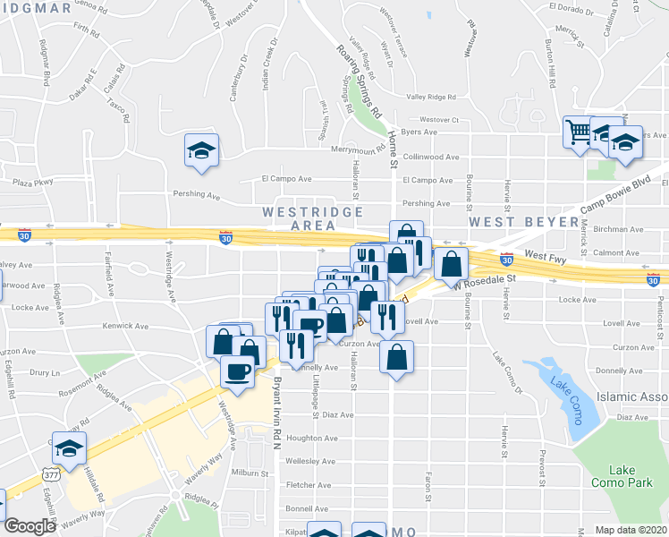 map of restaurants, bars, coffee shops, grocery stores, and more near 5805 Malvey Avenue in Fort Worth
