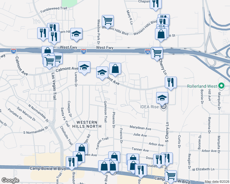 map of restaurants, bars, coffee shops, grocery stores, and more near 2928 Phoenix Drive in Fort Worth
