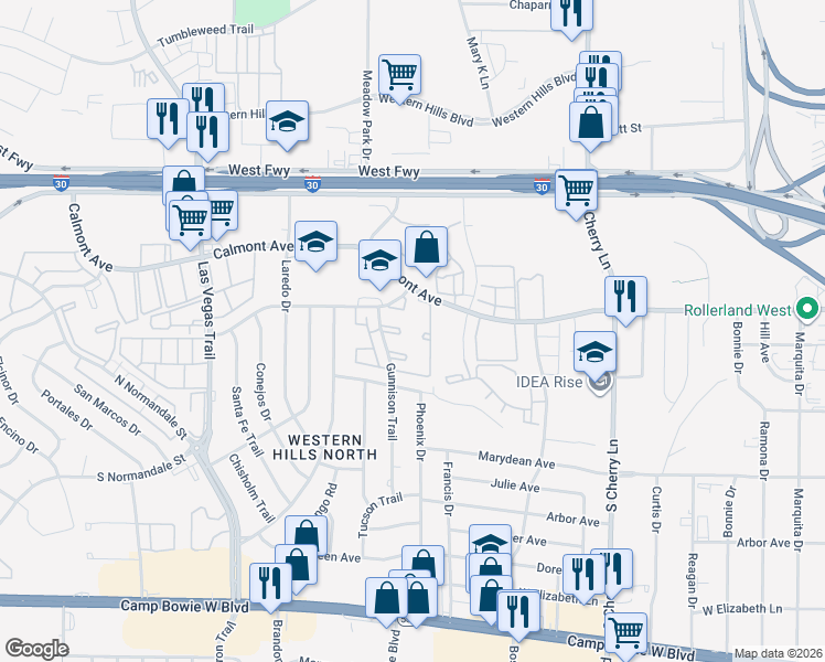map of restaurants, bars, coffee shops, grocery stores, and more near 2928 Phoenix Drive in Fort Worth