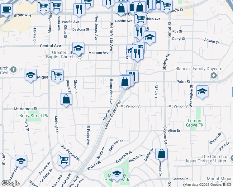 map of restaurants, bars, coffee shops, grocery stores, and more near 2590 Main Street in Lemon Grove