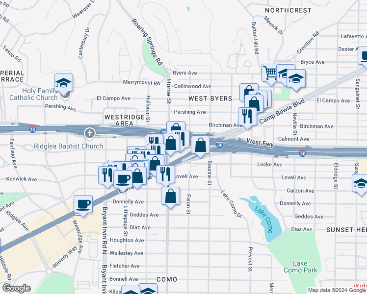 map of restaurants, bars, coffee shops, grocery stores, and more near 5606 Camp Bowie Boulevard in Fort Worth