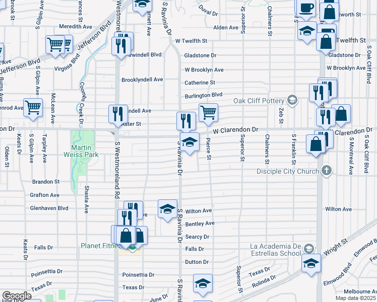 map of restaurants, bars, coffee shops, grocery stores, and more near 1120 South Ravinia Drive in Dallas