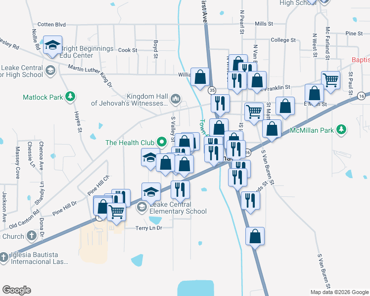 map of restaurants, bars, coffee shops, grocery stores, and more near 300 South Valley Street in Carthage