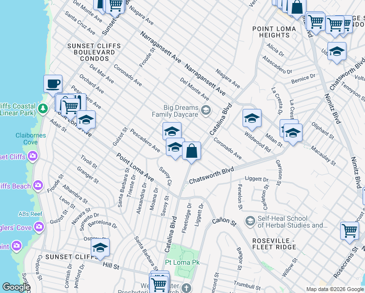 map of restaurants, bars, coffee shops, grocery stores, and more near 4260 Orchard Avenue in San Diego