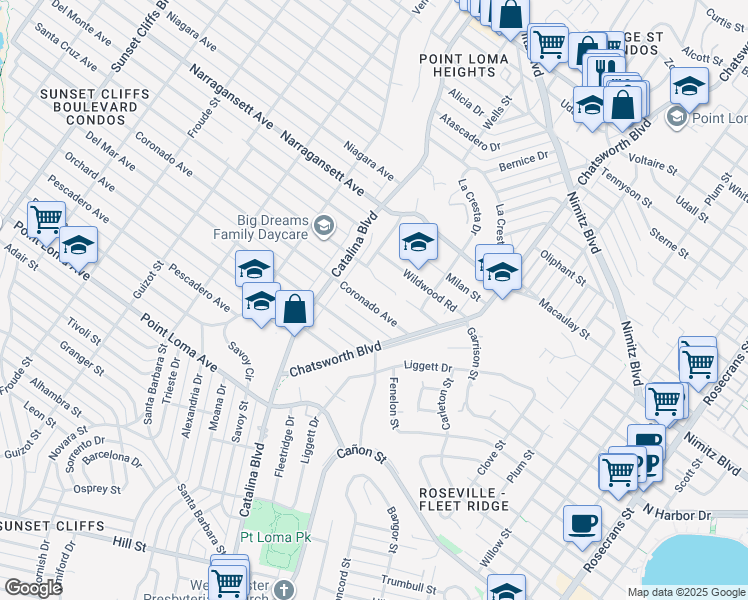 map of restaurants, bars, coffee shops, grocery stores, and more near 3864 Coronado Avenue in San Diego