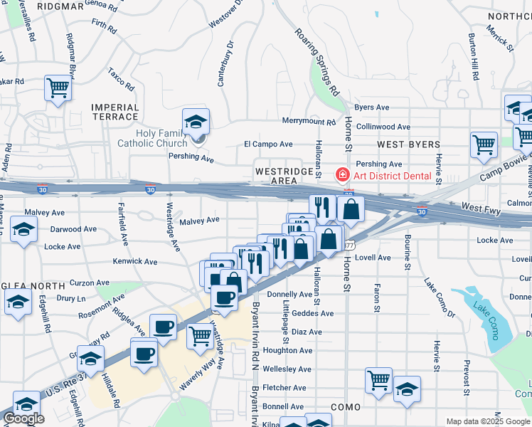 map of restaurants, bars, coffee shops, grocery stores, and more near 5937 Malvey Avenue in Fort Worth