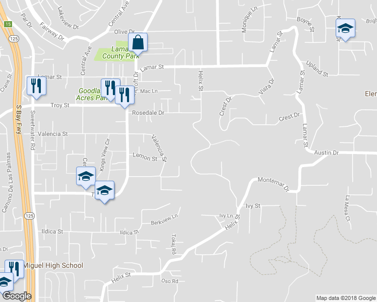 map of restaurants, bars, coffee shops, grocery stores, and more near 2740 Helix Street in Spring Valley