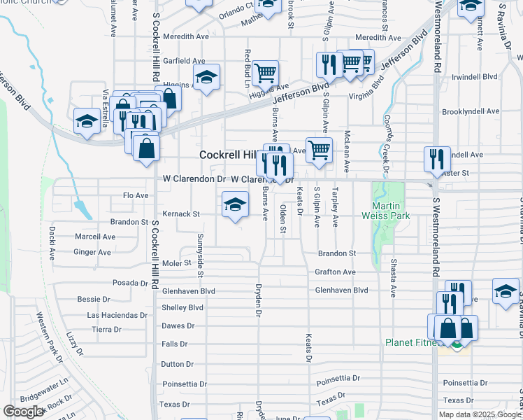 map of restaurants, bars, coffee shops, grocery stores, and more near 1201 Burns Avenue in Dallas